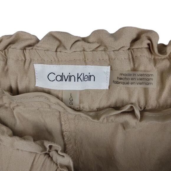 Calvin Klein Linen Blend Wide Leg Crop Pants Paperbag Waist Women's L NWT w/Spot - Picture 3 of 6